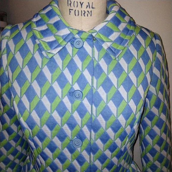 Blue Green & White Woman's Coat Vintage 1960s Textured Knit Large